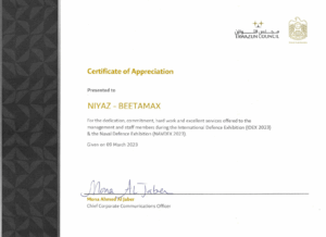 Certificate of Appreciation for beetamax, the leading trophy supplier in dubai