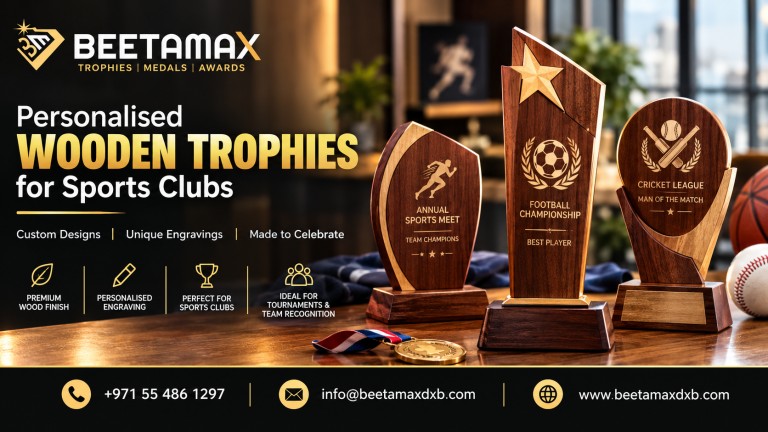Personalised wooden trophies for sports clubs featuring custom designs, engraved details, and premium wood finishes, with Beetamax DXB contact information.