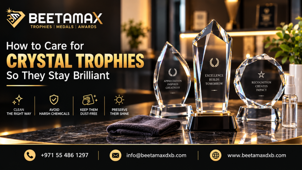 Beetamax banner featuring crystal trophies with care tips to keep them brilliant, along with contact details, email, and website.