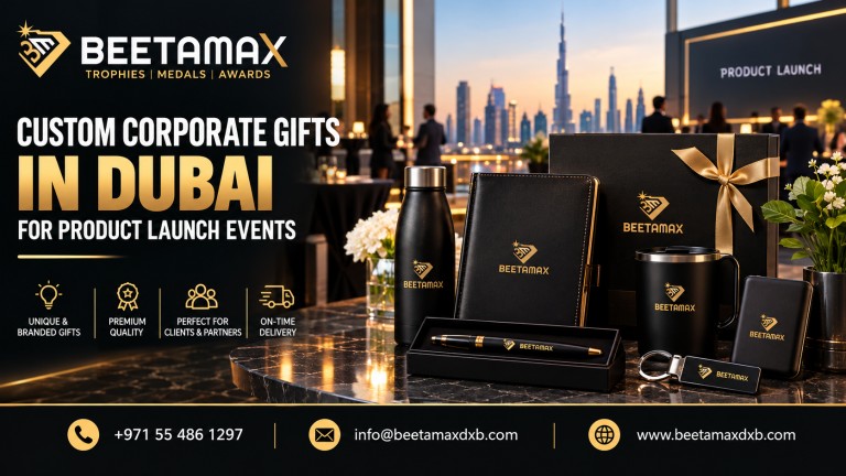 BEETAMAX banner promoting custom corporate gifts in Dubai for product launch events, featuring premium branded gift boxes, notebooks, water bottles, mugs, pens, and keychains in a luxurious black-and-gold setting with the Dubai skyline. Includes the BEETAMAX logo at the top left and contact details along the bottom.