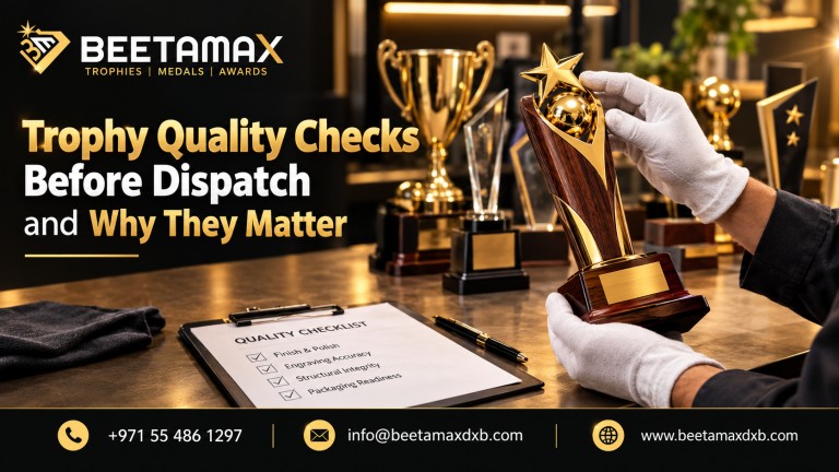 BEETAMAX banner featuring trophy quality checks before dispatch, with a professional inspecting a gold and wooden trophy, a quality checklist, and contact details on a black and gold background.