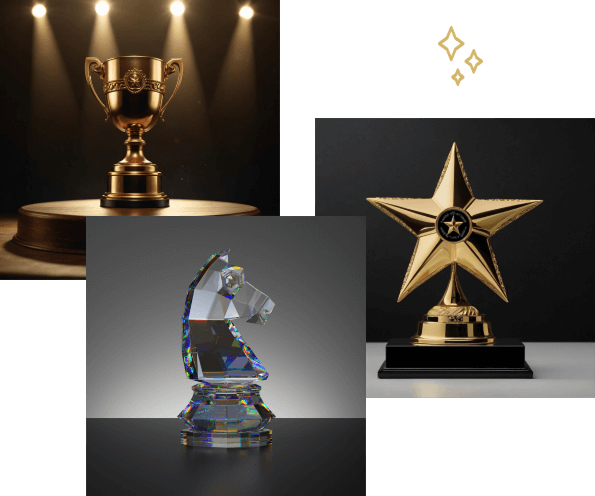 Custom trophy Dubai range with a gold cup, a crystal chess knight and a star award