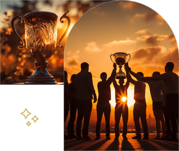Custom trophy maker piece, a golden cup raised by winners at sunset